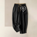 Buddha Stones Pure Cotton Zen Om Heart Pattern Women's Elastic Waist Pants With Pockets