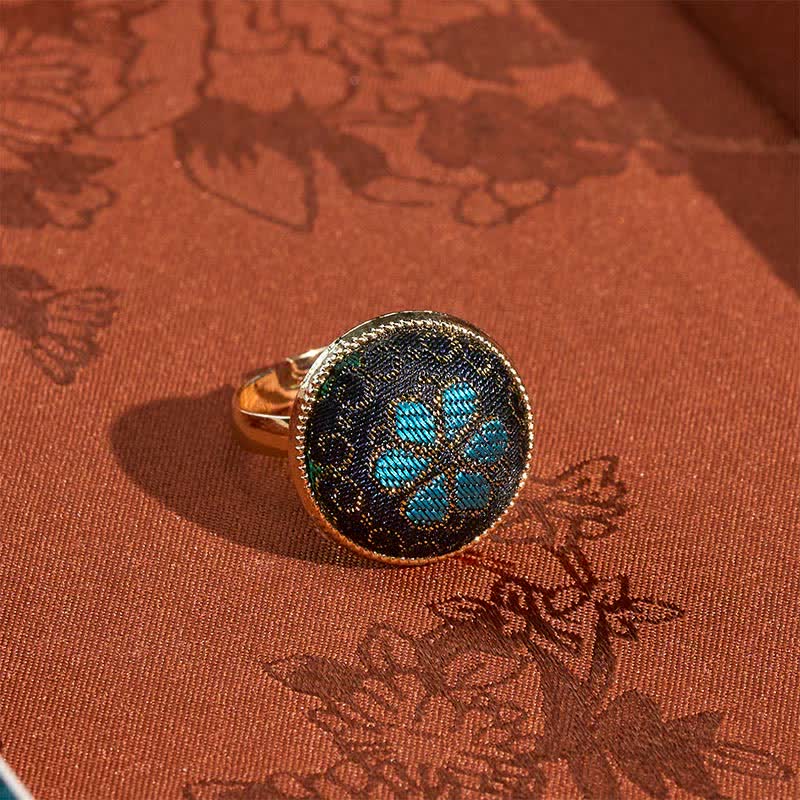 Buddha Stones Handmade Song Brocade Floral Pattern Blessing Adjustable Round Ring