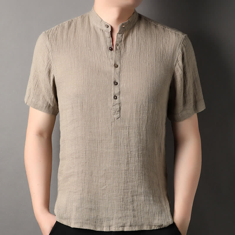 Buddha Stones Summer Casual Tang Style Mandarin Collar Solid Linen Men's Short Sleeve Shirts