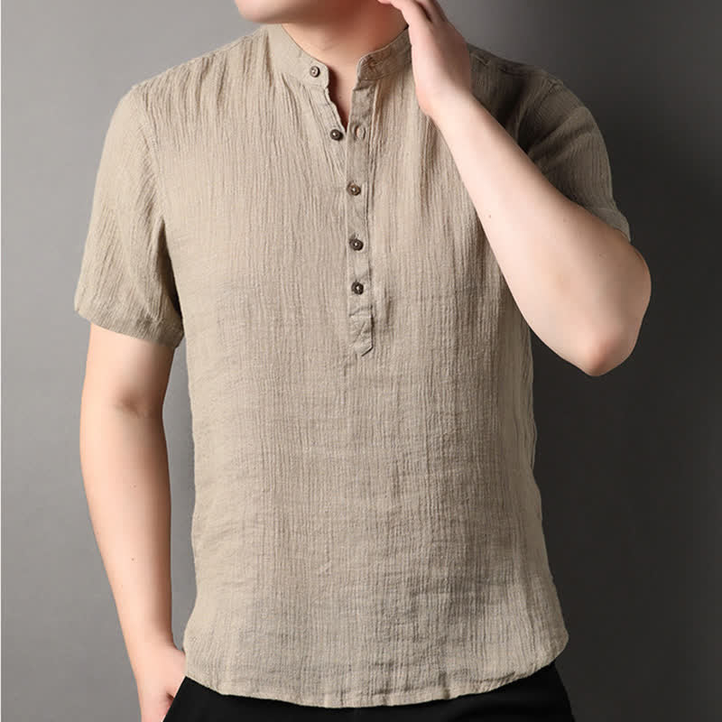 Buddha Stones Summer Casual Tang Style Mandarin Collar Solid Linen Men's Short Sleeve Shirts