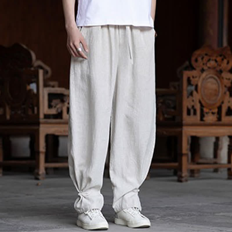 Buddha Stones Summer Casual Vintage Drawstring Elastic Waist Solid Ankle Pants Men's Tapered Pants