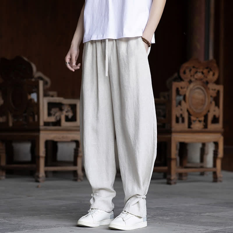 Buddha Stones Summer Casual Vintage Drawstring Elastic Waist Solid Ankle Pants Men's Tapered Pants
