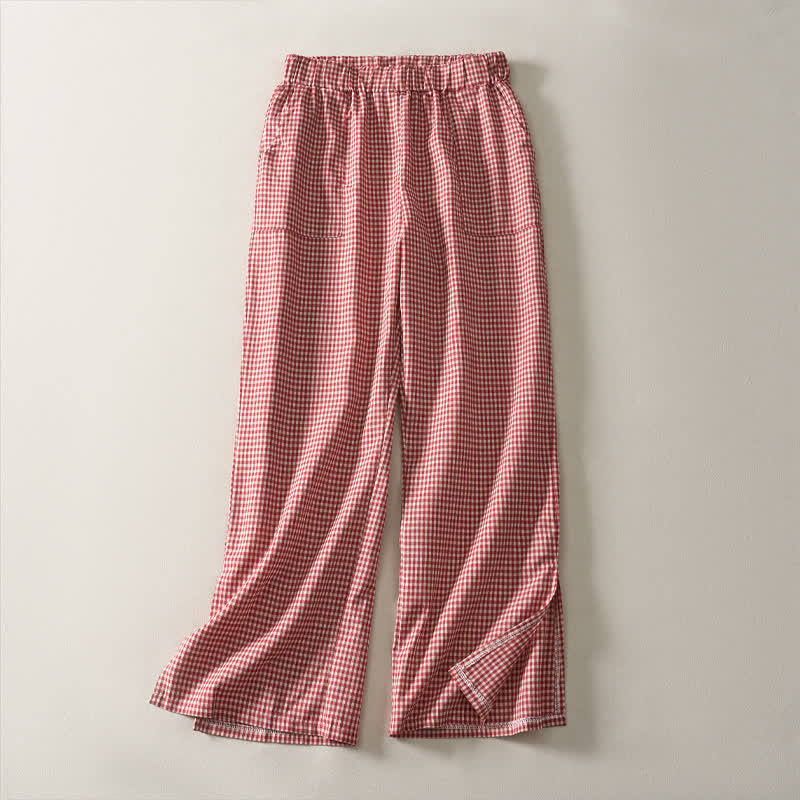 Buddha Stones Spring Summer Casual Vintage Drawstring Plaid Cotton Cropped Pants Women's Straight Leg Pants With Pockets