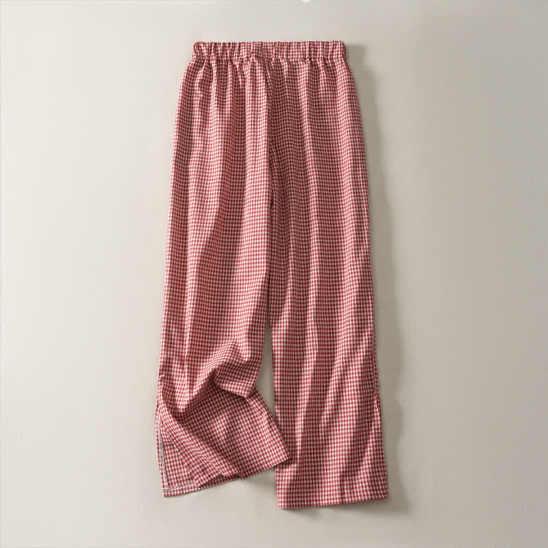 Buddha Stones Spring Summer Casual Vintage Drawstring Plaid Cotton Cropped Pants Women's Straight Leg Pants With Pockets
