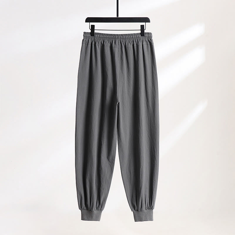 Buddha Stones Summer Casual Drawstring Elastic Waist Solid Ankle Pants Men's Tapered Pants With Pockets
