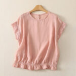 Buddha Stones Summer Casual Simple Drawstring Elastic Hem Solid Ramie Women's Short Sleeve T-Shirts