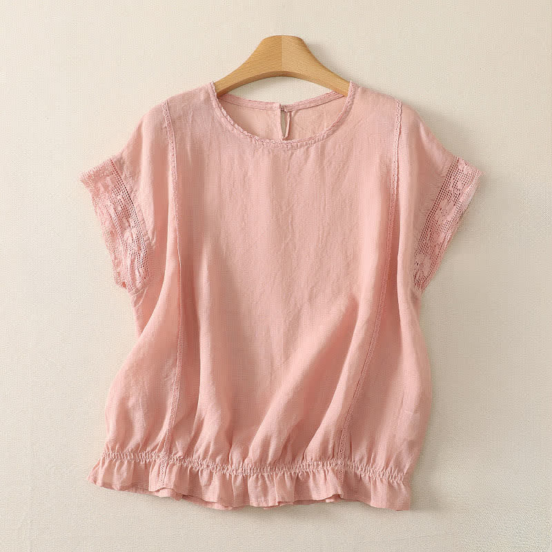 Buddha Stones Summer Casual Simple Drawstring Elastic Hem Solid Ramie Women's Short Sleeve T-Shirts