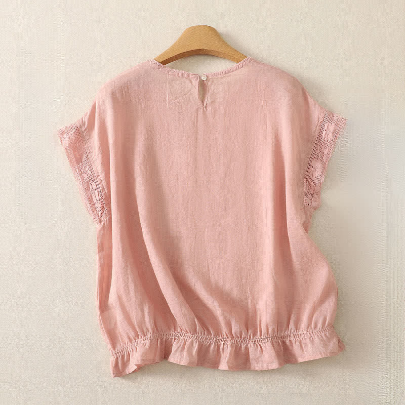 Buddha Stones Summer Casual Simple Drawstring Elastic Hem Solid Ramie Women's Short Sleeve T-Shirts