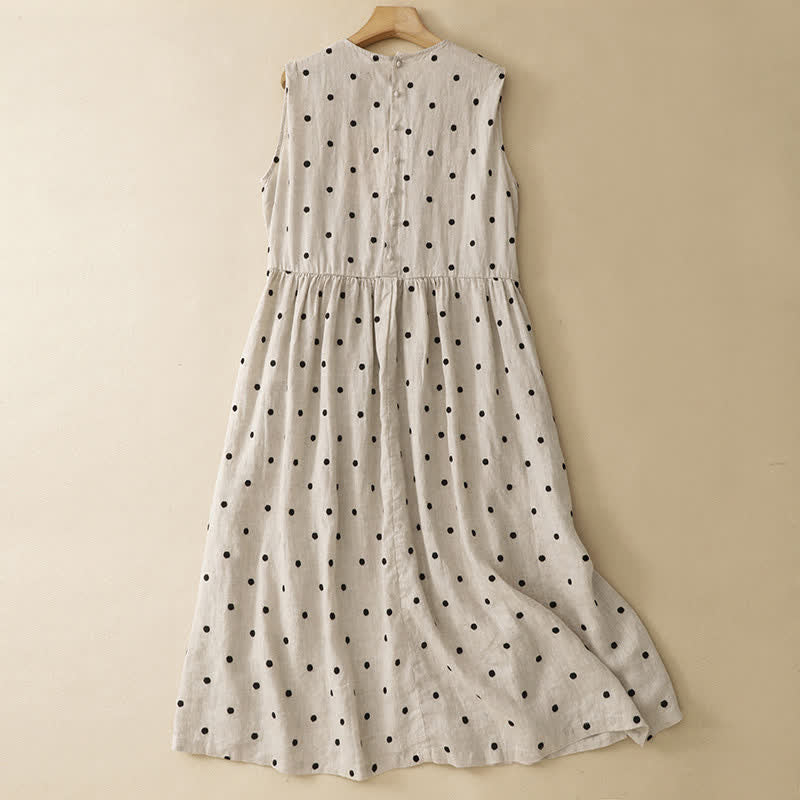 Buddha Stones Summer Casual Vintage Drawstring Polka Dot Crew Neck Women's Summer Sleeveless Dress With Pocket