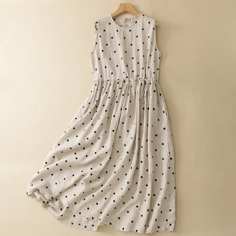 Buddha Stones Summer Casual Vintage Drawstring Polka Dot Crew Neck Women's Summer Sleeveless Dress With Pocket