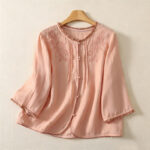 Buddha Stones Spring Summer Casual Elegant Embroidery Floral Leaves Button-Up Women's Long Sleeve Shirts