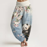Buddha Stones Pure Cotton Cherry Blossom Panda Pattern Women's Elastic Waist Harem Pants