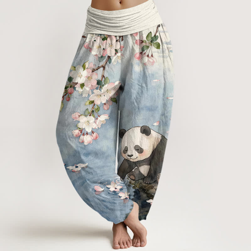 1780904922.jpg Buddha Stones Pure Cotton Cherry Blossom Panda Pattern Women's Elastic Waist Harem Pants