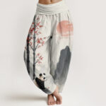Buddha Stones Cotton Ink Bamboo Panda Pattern Women's Elastic Waist Harem Pants