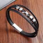 Buddha Stones Black Leather Titanium Steel Braided Strength Mens Bracelet