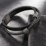Buddha Stones Black Leather Hand-Woven Braided Titanium Steel Strength Multi-Wrap Bracelet