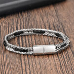 Buddha Stones Black Leather Braided Titanium Steel Double Layer Durability Bracelet