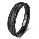 Buddha Stones Black Leather Strength Braided Double Layer Bracelet