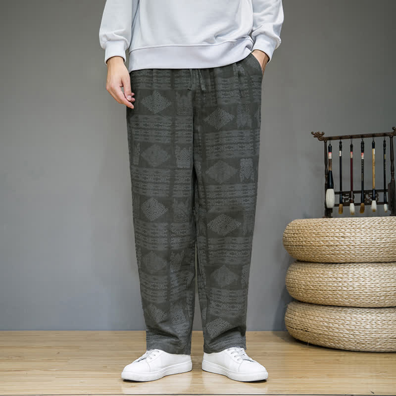 Buddha Stones Spring Summer Casual Vintage Geometric Long Pants Men's Straight Leg Pants With Pockets