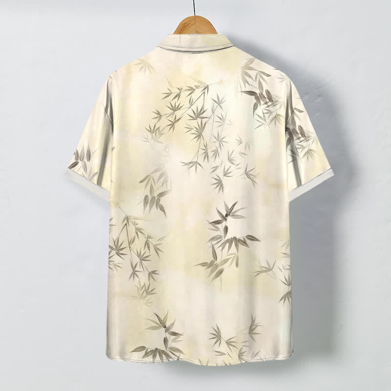 Buddha Stones Bamboo Leaf Pattern Buttons Wrinkle-resistant Men's Short Sleeve Shirt