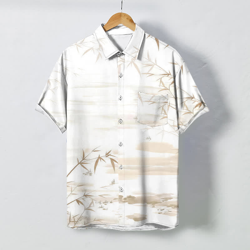 Buddha Stones Bamboo Leaf Ink Landscape Pattern Buttons Wrinkle-resistant Men's Short Sleeve Shirt