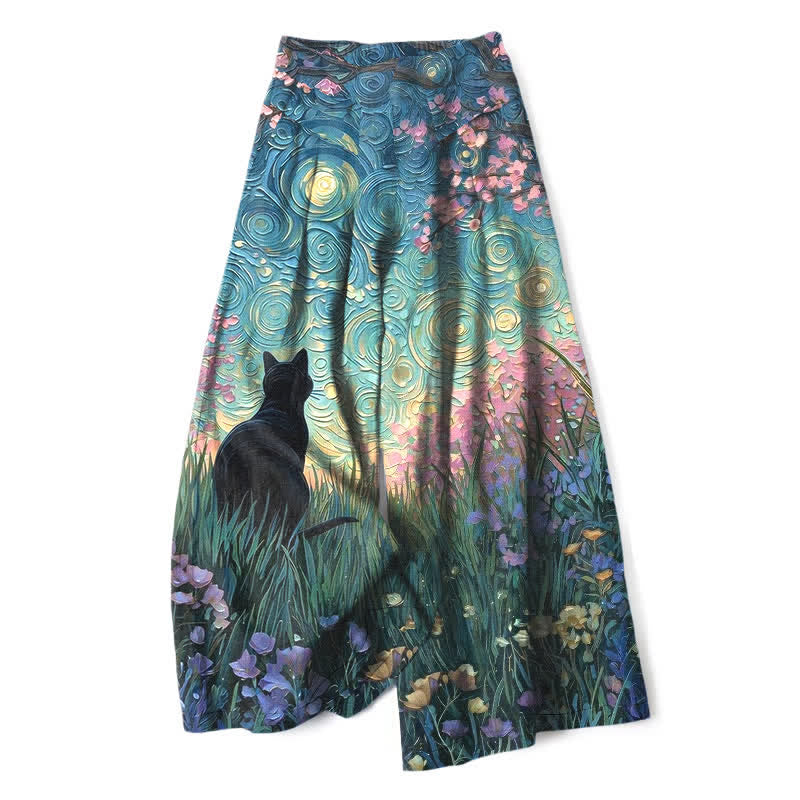Buddha Stones Cotton Linen Enchanted Forest Black Cat Pattern Women's Elastic Waist Wide Leg Pants With Pockets