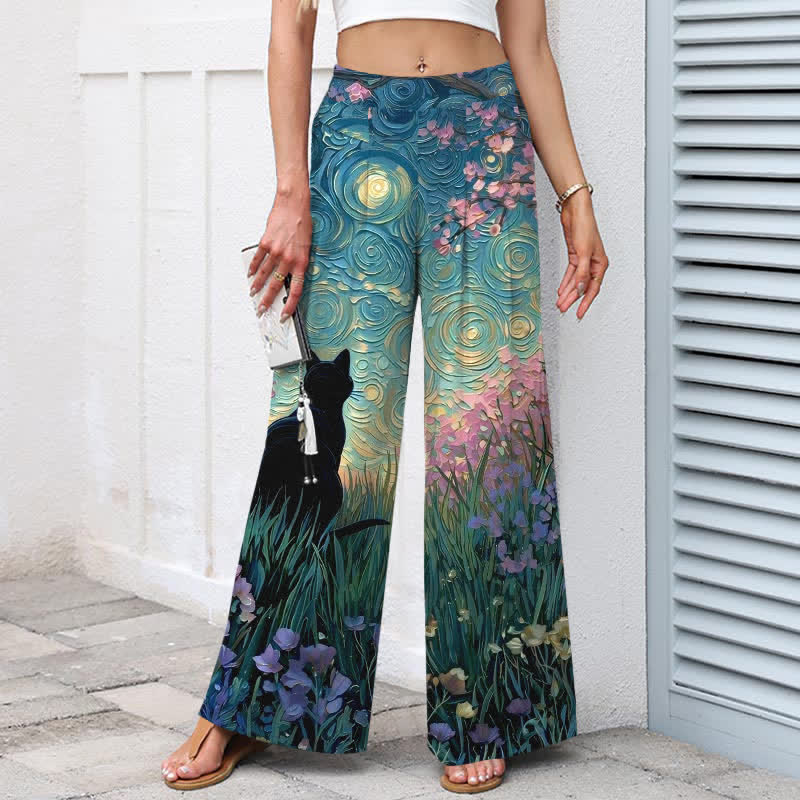 Buddha Stones Cotton Linen Enchanted Forest Black Cat Pattern Women's Elastic Waist Wide Leg Pants With Pockets