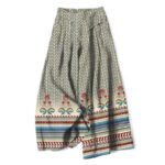 Buddha Stones Cotton Linen Bohemian Geometric Zigzag Pattern Women's Elastic Waist Wide Leg Pants With Pockets