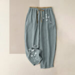 Buddha Stones Pure Cotton White Butterfly Pattern Women's Elastic Waist Pants With Pockets