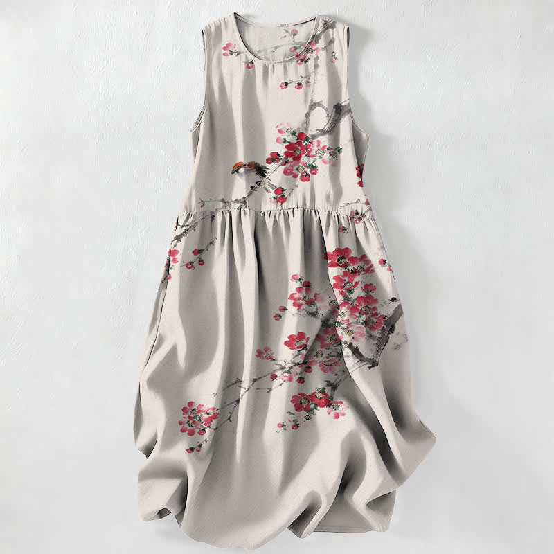 Buddha Stones Summer Casual Pink Blossom Branches Pattern Women's Summer Sleeveless Midi Dress With Pockets