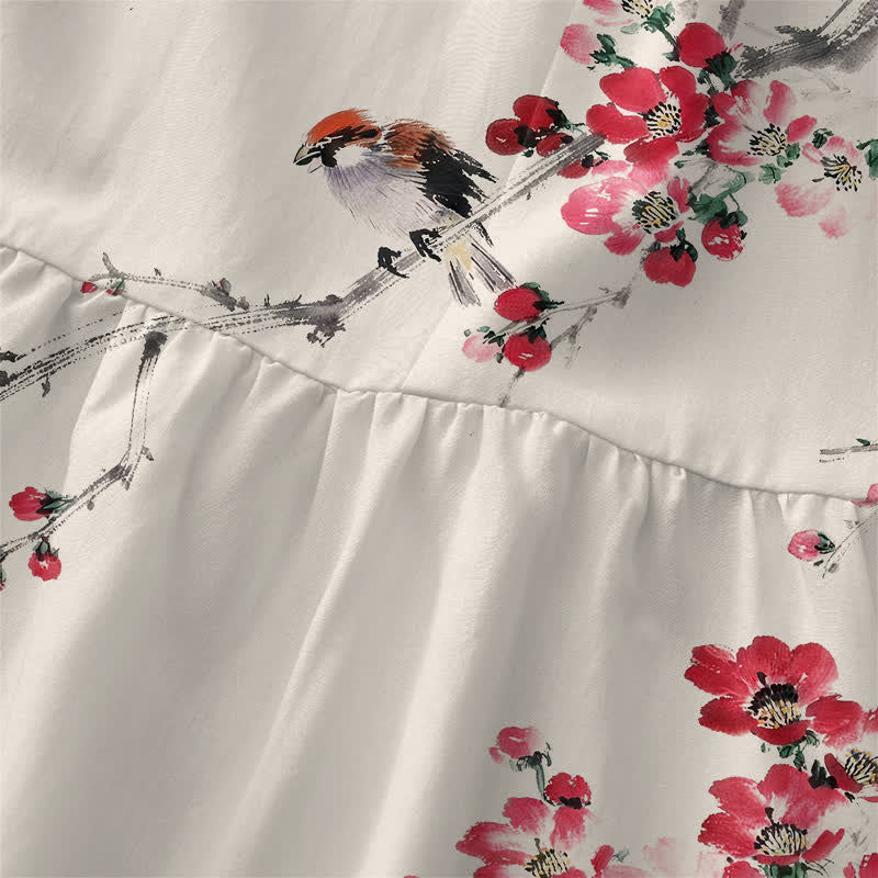 Buddha Stones Summer Casual Pink Blossom Branches Pattern Women's Summer Sleeveless Midi Dress With Pockets