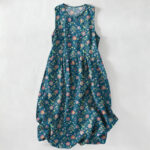 Buddha Stones Summer Casual Vintage Wildflower Leaves Pattern Women's Summer Sleeveless Midi Dress With Pockets