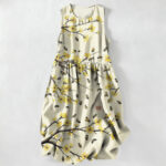 Buddha Stones Summer Casual Yellow Floral Branch Pattern Women's Summer Sleeveless Midi Dress With Pockets