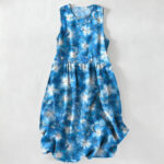 Buddha Stones Summer Casual White Floral Petal Pattern Women's Summer Sleeveless Midi Dress With Pockets