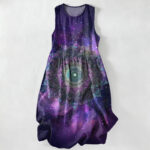 Buddha Stones Summer Casual Cosmic Mandala Galaxy Pattern Women's Summer Sleeveless Midi Dress With Pockets
