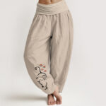 Buddha Stones Pure Cotton Cat Line Cartoon Pattern Women's Elastic Waist Harem Pants
