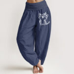 Buddha Stones Pure Cotton Cat Butterfly Pattern Women's Elastic Waist Harem Pants