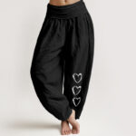 Buddha Stones Pure Cotton Three Love Heart Pattern Women's Elastic Waist Harem Pants