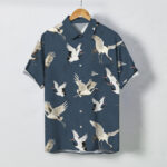 Buddha Stones White Crane Bird Pattern Buttons Breathable Men's Short Sleeve Shirt