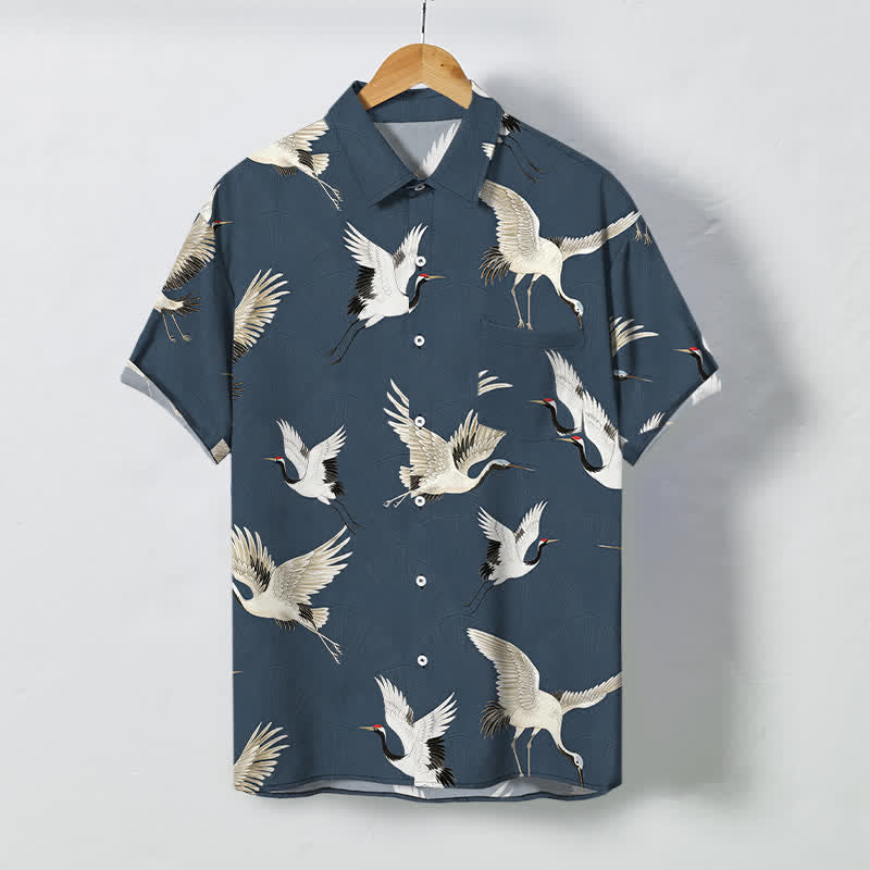 Buddha Stones White Crane Bird Pattern Buttons Breathable Men's Short Sleeve Shirt