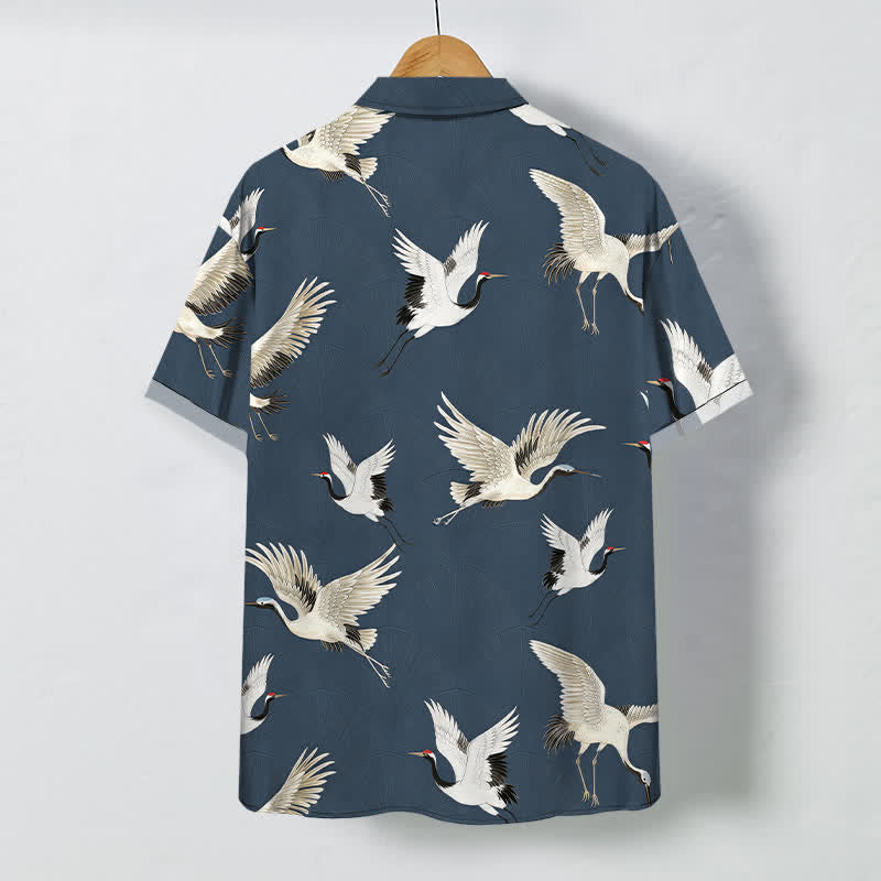 Buddha Stones White Crane Bird Pattern Buttons Breathable Men's Short Sleeve Shirt