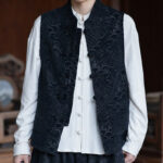 Buddha Stones Fall Tang Style Vintage Mandarin Collar Frog Button Abstract Jacquard Men's Sleeveless Shirts