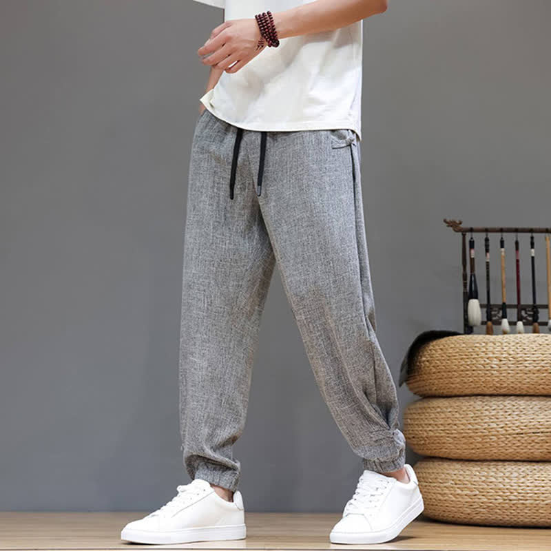 Buddha Stones Spring Summer Casual Minimalist Drawstring Elastic Waist Solid Cropped Pants Men's Tapered Pants With Pocket