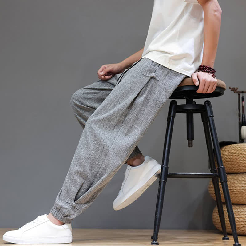 Buddha Stones Spring Summer Casual Minimalist Drawstring Elastic Waist Solid Cropped Pants Men's Tapered Pants With Pocket