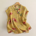 Buddha Stones Summer Vintage Tang Style Frog Button Red Floral Tank Top Women's Sleeveless Shirts