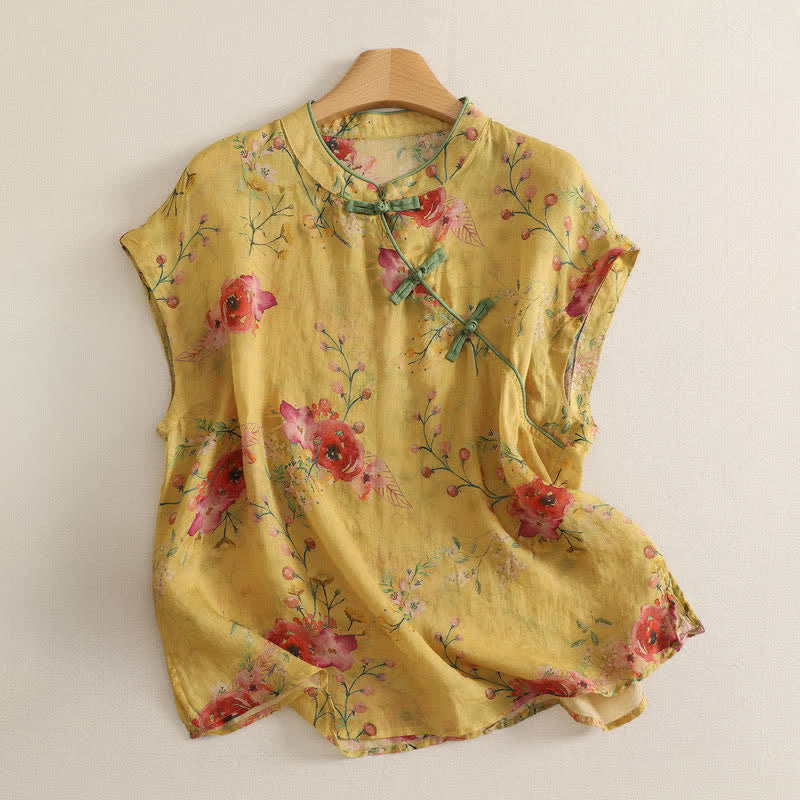 Buddha Stones Summer Vintage Tang Style Frog Button Red Floral Tank Top Women's Sleeveless Shirts