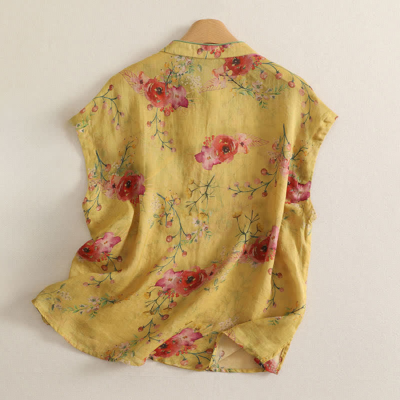Buddha Stones Summer Vintage Tang Style Frog Button Red Floral Tank Top Women's Sleeveless Shirts