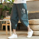 Buddha Stones Summer Casual Vintage Drawstring Crane Print Capri Pants Men's Harem Pants With Pocket