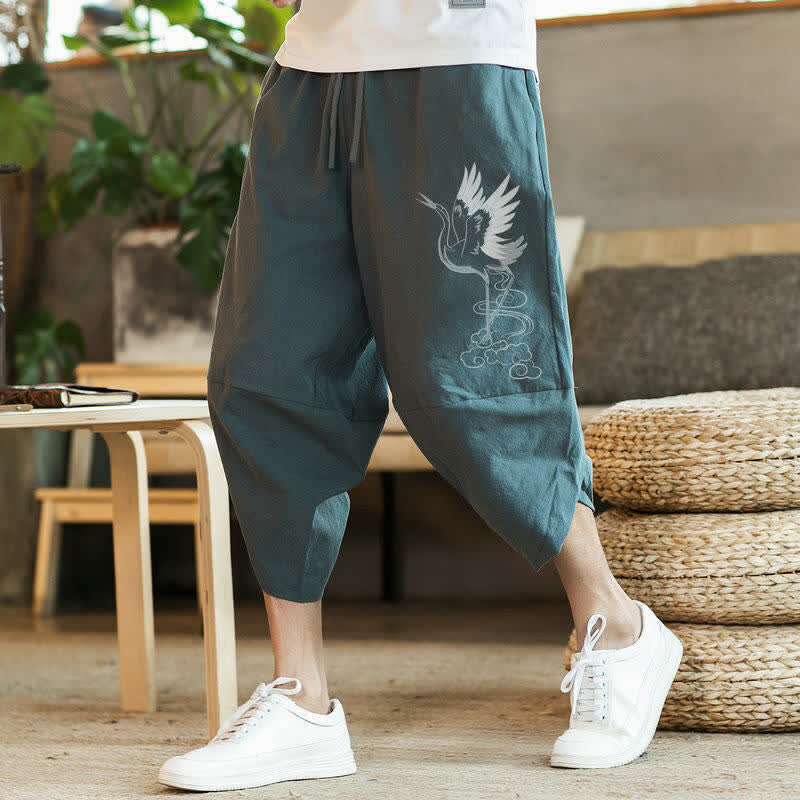 Buddha Stones Summer Casual Vintage Drawstring Crane Print Capri Pants Men's Harem Pants With Pocket