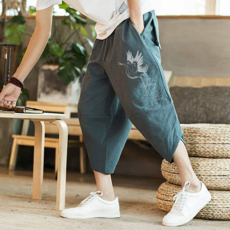 Buddha Stones Summer Casual Vintage Drawstring Crane Print Capri Pants Men's Harem Pants With Pocket